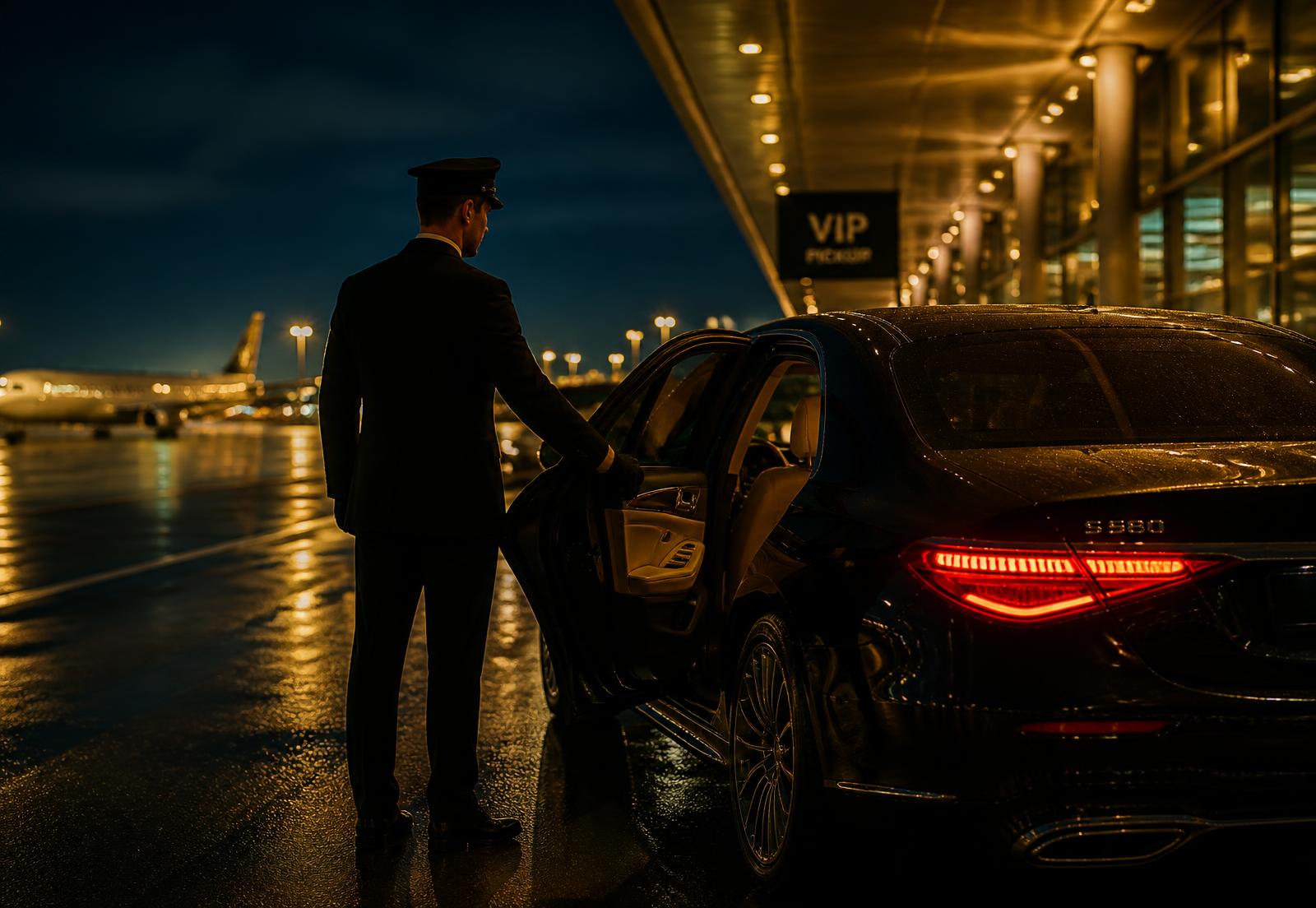 Chauffeur privé ouvrant la portière d'une berline noire devant un terminal d'aéroport la nuit